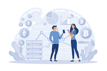 Cryptocurrency exchange platform, bitcoin transactions, cryptocurrency marketplace for exchange of Bitcoin and digital currencies working on laptop computers and giant crypto coins flat illustrationPr