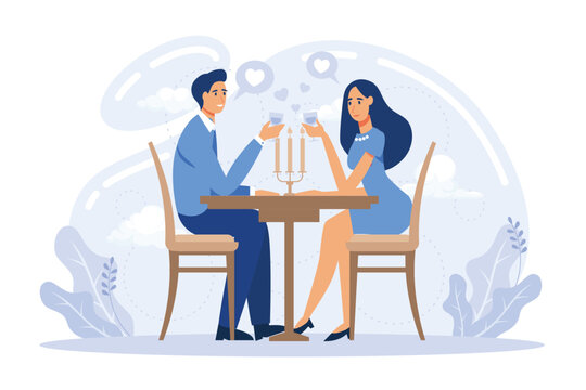 Hangouts Friends meeting, romantic blind date, leisure time, soul mate, romantic relationship, love story, Valentine day, restaurant flat vector modern illustration