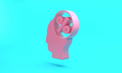 Pink Discount percent tag icon isolated on turquoise blue background. Shopping tag sign. Special offer sign. Discount coupons symbol. Minimalism concept. 3D render illustration