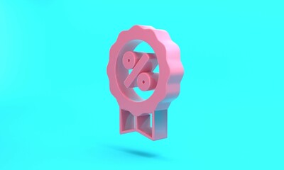 Pink Discount percent tag icon isolated on turquoise blue background. Shopping tag sign. Special offer sign. Discount coupons symbol. Minimalism concept. 3D render illustration