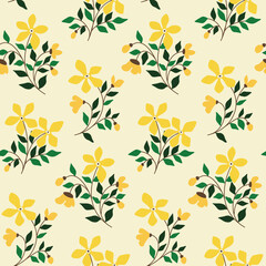 Seamless floral pattern with folk motifs. Vintage style botanical print with small yellow flowers, leaves on branches, wild decorative plants on a light background. Vector illustration.