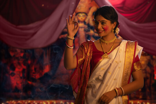 Portrait Of A Married Bengali Woman With Sindoor On Face 