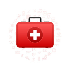 Obraz premium Cartoon icon with red first aid on white background for medical design. Flat vector illustration