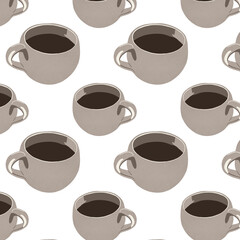Cute cartoon cup coffee on white background pattern illustration.