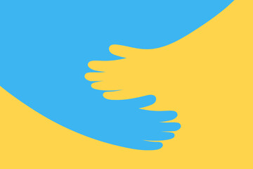 Obraz premium Arms hugging Ukrainian colors concept. Support help love Ukraine in fight for freedom against russian agression. Charity care symbol vector illustration.