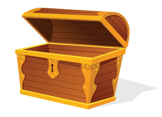 Chest. Empty old wooden chest for gold treasure. Cartoon ancient container for pirates isolated vector icon on white. Game wooden antique box for treasure