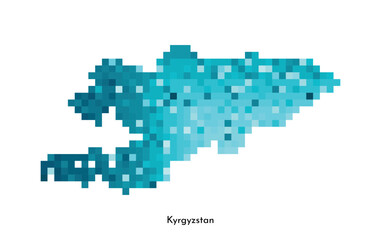 Vector isolated geometric illustration with simple icy blue shape of Kyrgyzstan map. Pixel art style for NFT template. Dotted logo with gradient texture for design on white background