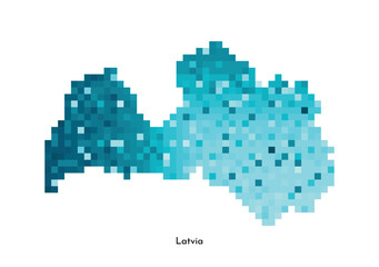 Vector isolated geometric illustration with simple icy blue shape of Latvia map. Pixel art style for NFT template. Dotted logo with gradient texture for design on white background