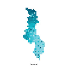 Obraz premium Vector isolated geometric illustration with simple icy blue shape of Malawi map. Pixel art style for NFT template. Dotted logo with gradient texture for design on white background