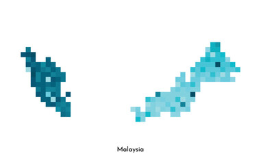 Vector isolated geometric illustration with simple icy blue shape of Malaysia map. Pixel art style for NFT template. Dotted logo with gradient texture for design on white background
