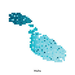 Fototapeta premium Vector isolated geometric illustration with simple icy blue shape of Malta map. Pixel art style for NFT template. Dotted logo with gradient texture for design on white background