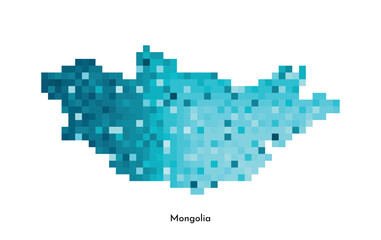 Obraz premium Vector isolated geometric illustration with simple icy blue shape of Mongolia map. Pixel art style for NFT template. Dotted logo with gradient texture for design on white background