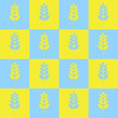 An ear of wheat seamless pattern. Wheat grain in national Ukrainian color. Template organic wheat, bread, natural food. Design for print on fabric, wrapping paper, packaging. Vector illustration