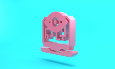 Pink Computer vision icon isolated on turquoise blue background. Technical vision, eye circuit, video surveillance system, augmented reality systems. Minimalism concept. 3D render illustration