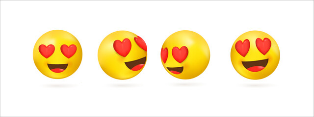 Collection of 3d yellow emoji with smile and hearts in eyes