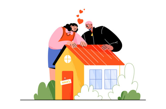 Couple buying house, real estate property purchase concept. Man and woman hugging cottage with hearts flying around and sold signboard on door. People choose home Line art flat vector illustration