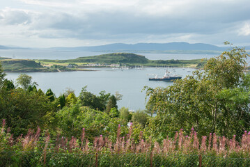 Picturesque view of Isle of Mull and Kerrera Island seen from Pulpit Hill in Oban resort town...