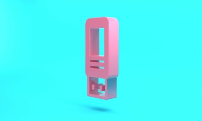 Pink USB flash drive icon isolated on turquoise blue background. Minimalism concept. 3D render illustration