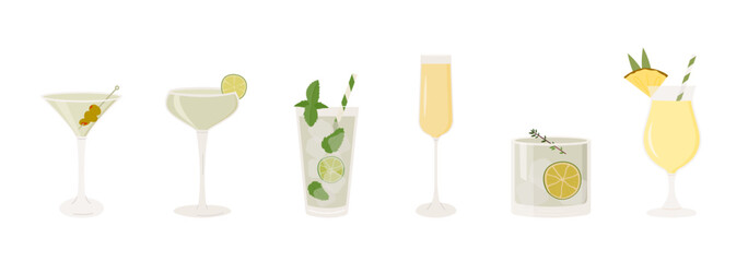 Set of classic cocktails. Different alcoholic drinks in various glasses. Summer aperitif. Mojito, Mimosa, Pina colada, Martini, Daiquiri and Margarita. Vector flat illustration of alcohol beverages.