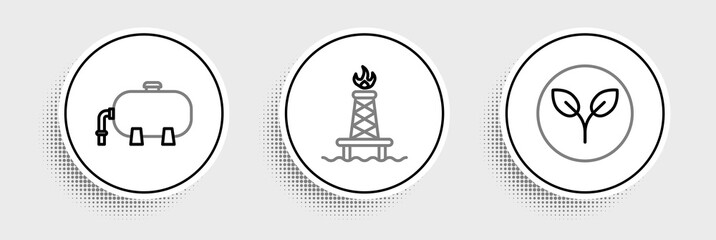 Set line Bio fuel, Oil industrial factory building and rig with fire icon. Vector