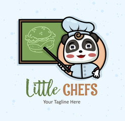 Chef School funny mascot panda in chef hat. Cooking school young chefs banner. Culinary lesson for little cooks sign.