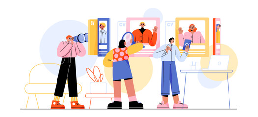 Hr, talent search, team recruitment concept, business people choose best candidate for job. Hiring agency, human resource, research applicant for vacant work place, Line art flat vector illustration
