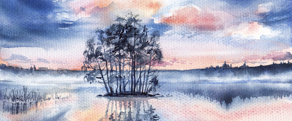 Sunset over river . Reflection of clouds in water.  Watercolor illustration.