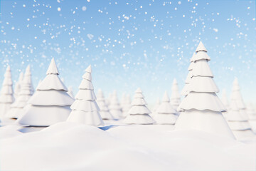 3D winter forest under blue sky during snowfall