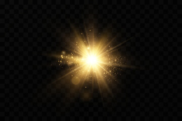 Shining golden stars. Light effects, glare, glitter, explosion, golden light. Vector illustration.