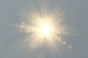 Shining golden stars. Light effects, glare, glitter, explosion, golden light. Vector illustration.