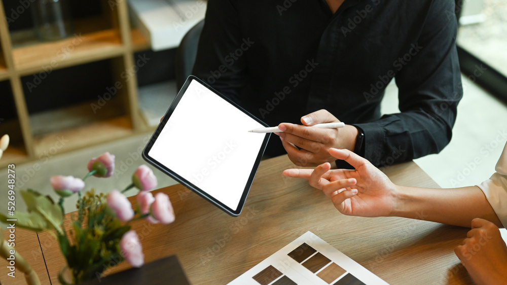 Poster cropped view of creative people using digital tablet and working with color palette at contemporary 