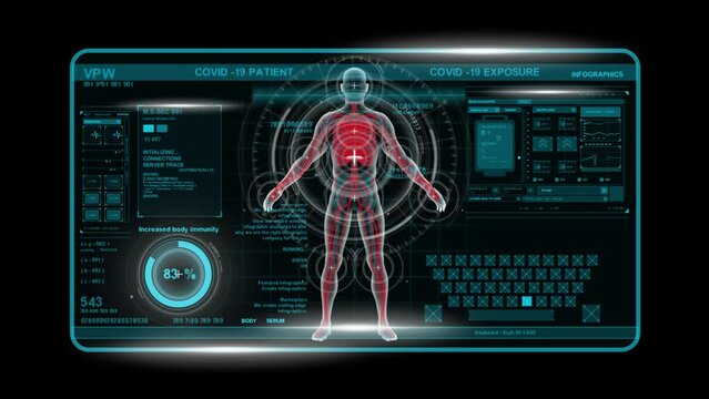 Futuristic technological interface analyzing Covid-19 virus in human male anatomy.