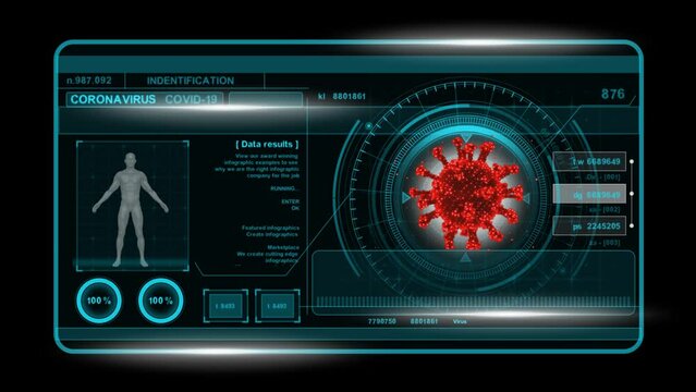 Futuristic technological interface analyzing Covid-19 virus in human male anatomy.