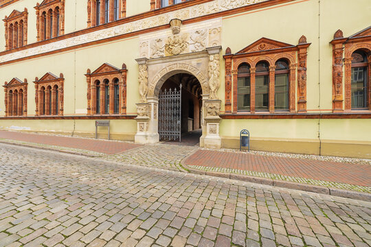 Street view of the entrance of the district court of Wismar in the center of the old town