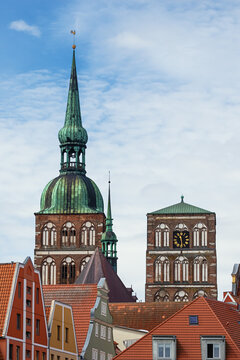 Saint Nicolas' church rising above the houses of Stralsund