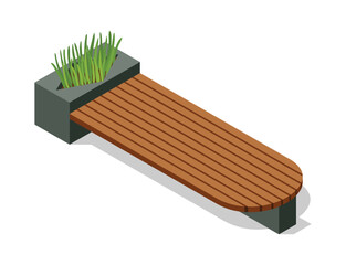 Isometric benche icon. Eco street seating. Modern design element with flower bed in city park. Place for rest, relaxation and picnic or meeting friends