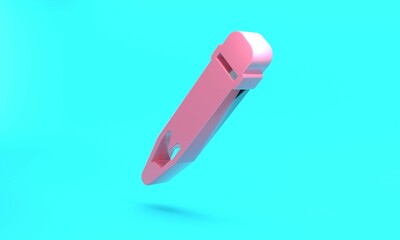 Pink Pencil with eraser icon isolated on turquoise blue background. Drawing and educational tools. School office symbol. Minimalism concept. 3D render illustration