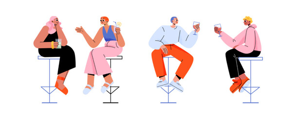 Fototapeta na wymiar People in bar sitting on high chairs drinking alcohol or refreshing beverages. Young male and female characters with wineglasses communicate, dating, celebrate party, Line art flat vector illustration