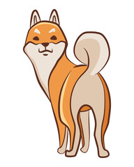 Shiba inu dog character. Playful pet standing. Hand drawn vector sticker. Cute and funny dog. Adorable friend