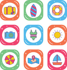Summer Icon Design Set with cute characters like sun, surfboard, camera, swimsuit, tires isolated on white background. vector summer vacation set illustration.