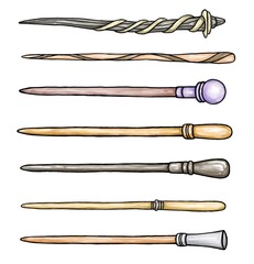 Big set of different wooden magic wands. Magical items for wizards. Halloween outfit. Hand drawn illustration isolated on a white background.