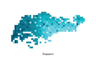 Vector isolated geometric illustration with simple icy blue shape of Singapore map. Pixel art style for NFT template. Dotted logo with gradient texture for design on white background