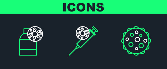 Set line Virus, Bottle with virus and Syringe and icon. Vector