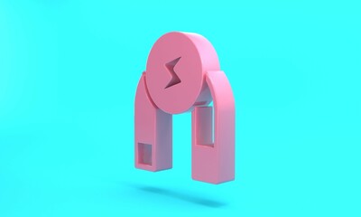 Pink Magnet icon isolated on turquoise blue background. Horseshoe magnet, magnetism, magnetize, attraction. Minimalism concept. 3D render illustration