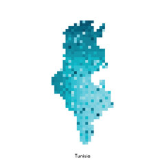 Fototapeta premium Vector isolated geometric illustration with simple icy blue shape of Tunisia map. Pixel art style for NFT template. Dotted logo with gradient texture for design on white background