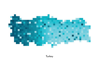 Vector isolated geometric illustration with simple icy blue shape of Turkey map. Pixel art style for NFT template. Dotted Turkish logo with gradient texture for design on white background