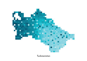 Fototapeta premium Vector isolated geometric illustration with simple icy blue shape of Turkmenistan map. Pixel art style for NFT template. Dotted logo with gradient texture for design on white background