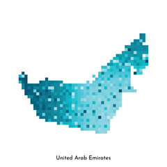 Vector isolated geometric illustration with simple icy blue shape of United Arab Emirates map. Pixel art style for NFT template. Dotted logo with gradient texture for design on white background