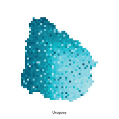 Vector isolated geometric illustration with simple icy blue shape of Uruguay map. Pixel art style for NFT template. Dotted logo with gradient texture for design on white background