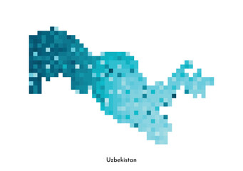 Fototapeta premium Vector isolated geometric illustration with simple icy blue shape of Uzbekistan map. Pixel art style for NFT template. Dotted logo with gradient texture for design on white background